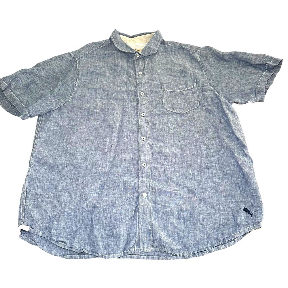 Tommy Bahama 100% Linen Shirt Men's Size XL Blue Short Sleeve Sea Marlin Preppy